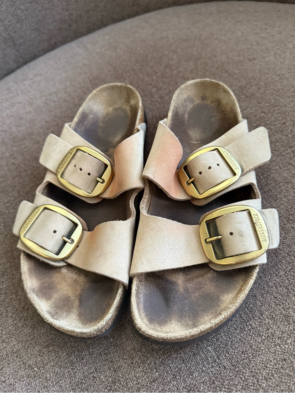 Birkenstock Kids Taupe Suede Two-Strap Sandals with Gold Buckles